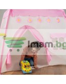 Детска палатка със светещи гирлянди от памучни топки розова